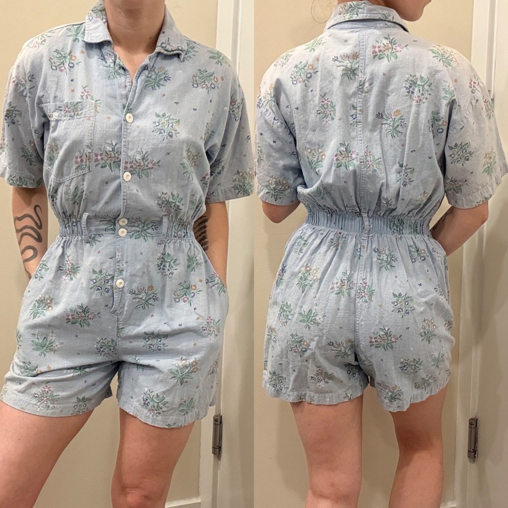 VTG 90s Ideas Blue‎ Floral Cotton Romper Short Sleeve Elastic Waist Cottage XS